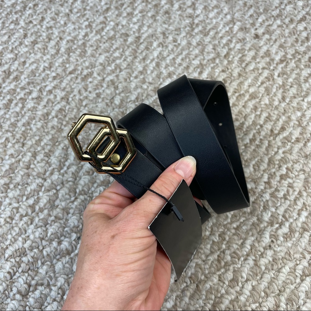 NWT Nasty Gal Double Geo Buckle Black Belt 42 Inches Long w/ Faux Gold Hardware